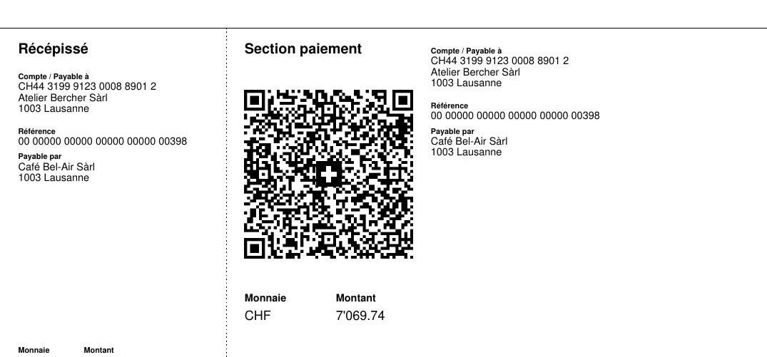 La QR-facture suisse en bas de la facture : récépissé, section paiement, QR code avec la croix suisse, référence, payable par, monnaie et montant.